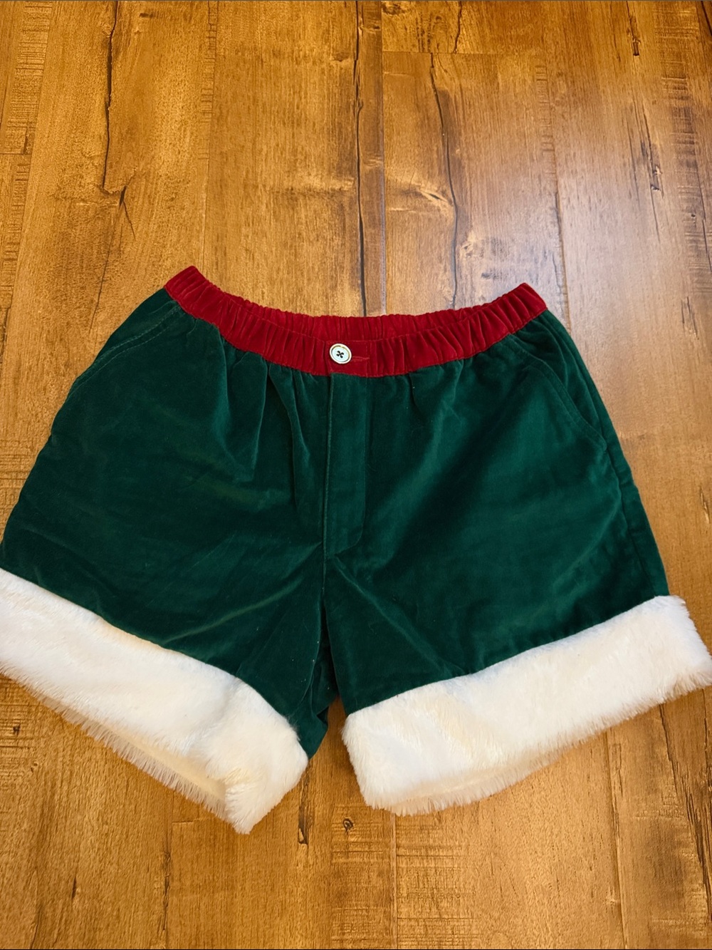 Men’s Chubbies Green Velvet Shorts with Red Waistband and White Faux Fur Trim